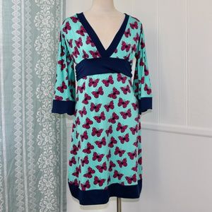 Butterfly Golf Dress L n neck 3/4 sleeve blue green 9 & dine